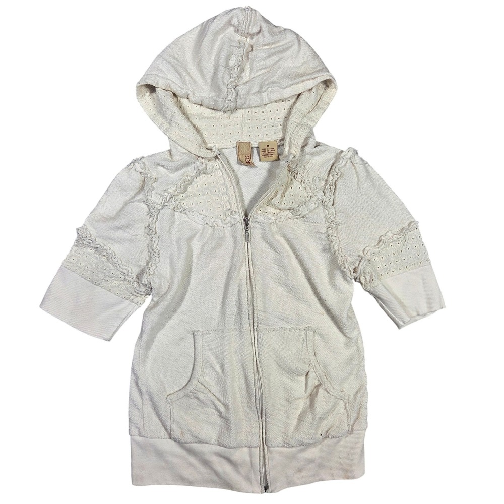 BKE Women Cream Short Sleeve Eyelet Lace Raw Edge Full Zip Hoodie Size M Y2k